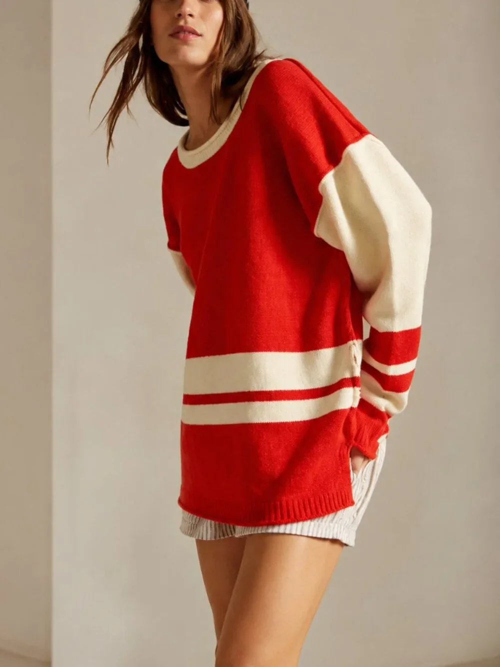 Free People Ella Colorblock Roll-Neck Knit Sweater Red Ivory NWT Size S